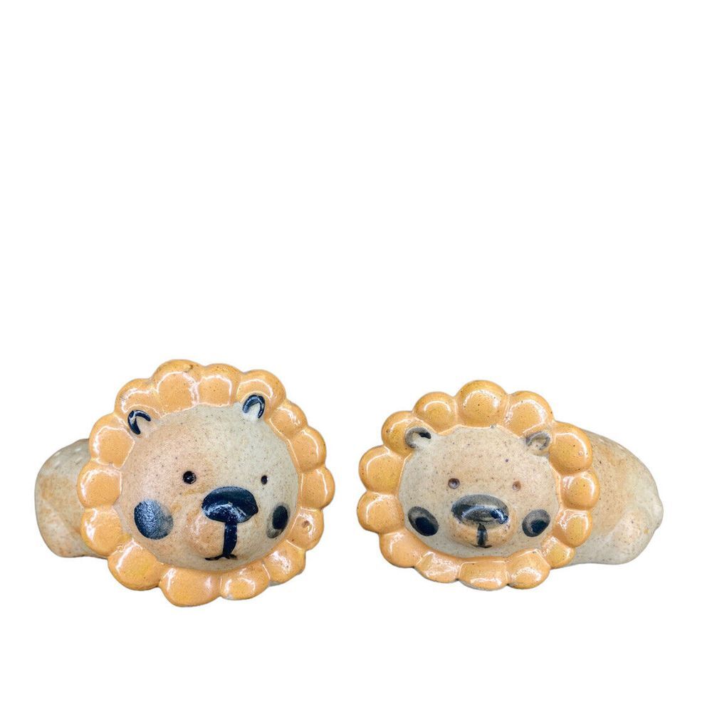 Pair Mid Century Lion Stoneware Pottery Toothpick‎ Appetizer Holders MCM Japan